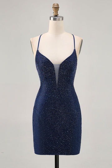 Dark Blue Beaded Spaghetti Straps Bodycon Cocktail Dress